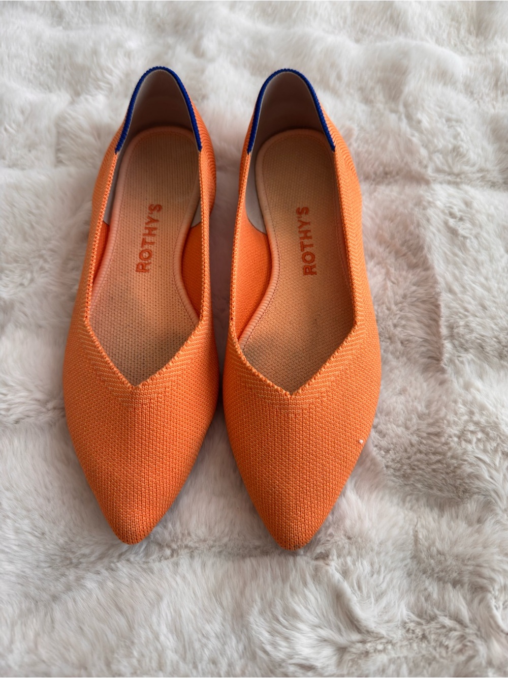 Rothy's Orange Pointed Knit Flats with Navy Heel Trim